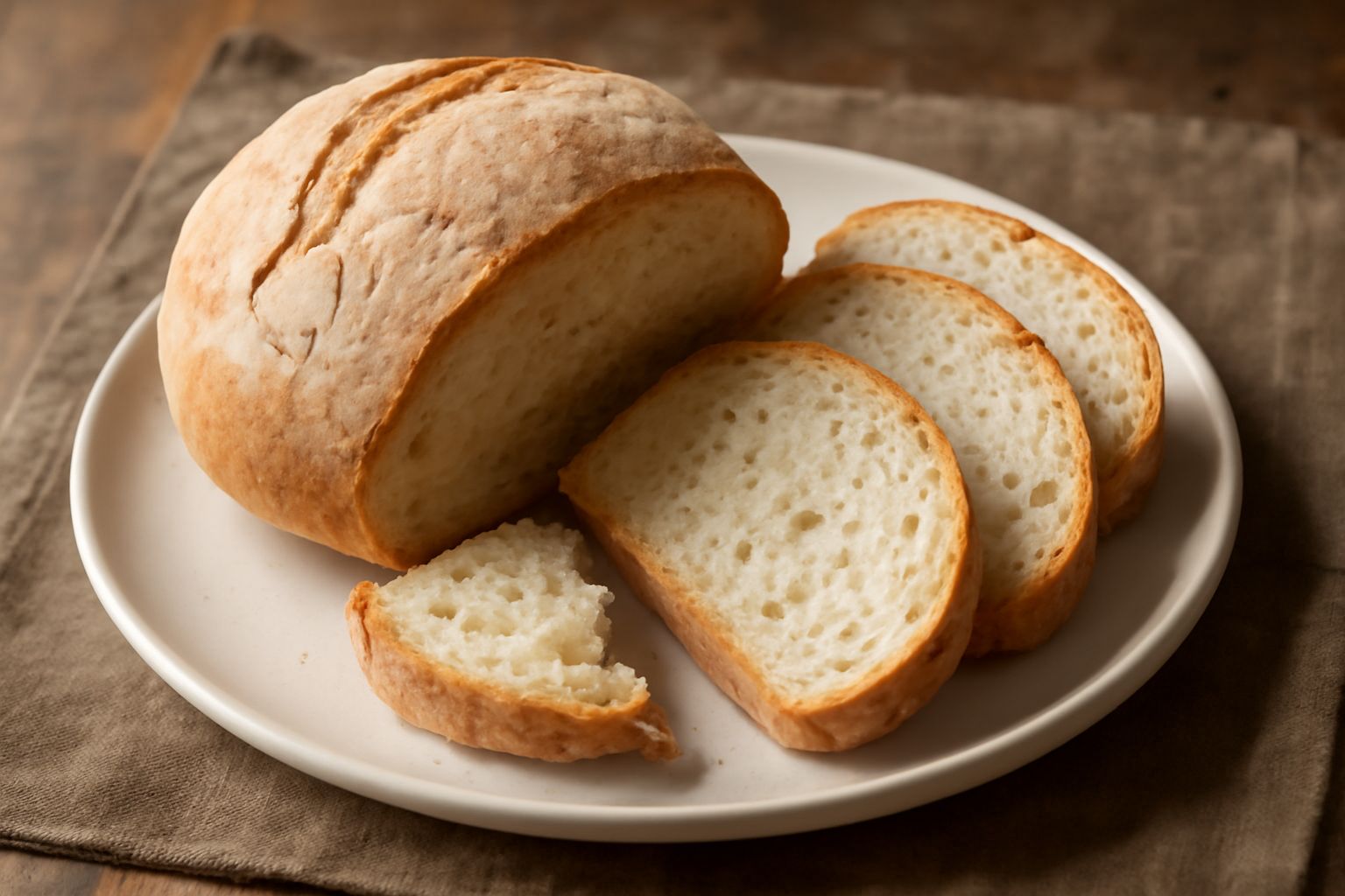 Pane tondo friulano dorato e croccante su un tavolo di legno, spezzato a metà per mostrare l'interno bianco e areato, con una tovaglia di lino sullo sfondo