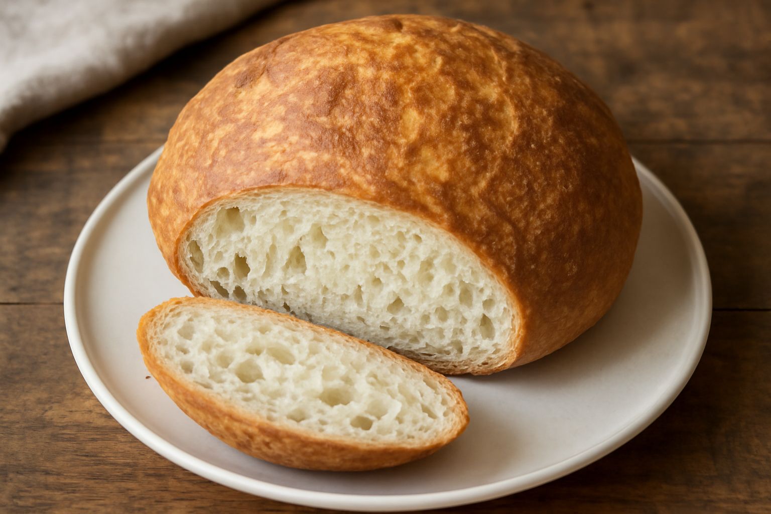 Un pane tondo piemontese appena sfornato, crosta dorata e leggermente cracolata, poggiato su un canovaccio bianco con sfondo di farina sparsa sul tavolo di legno