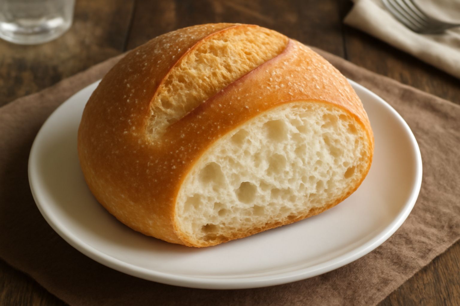 Pane tondo vibonese appena sfornato, colore marrone dorato, forma semisferica con striature sulla crosta, posato su tavolo di legno con spighe di grano intorno