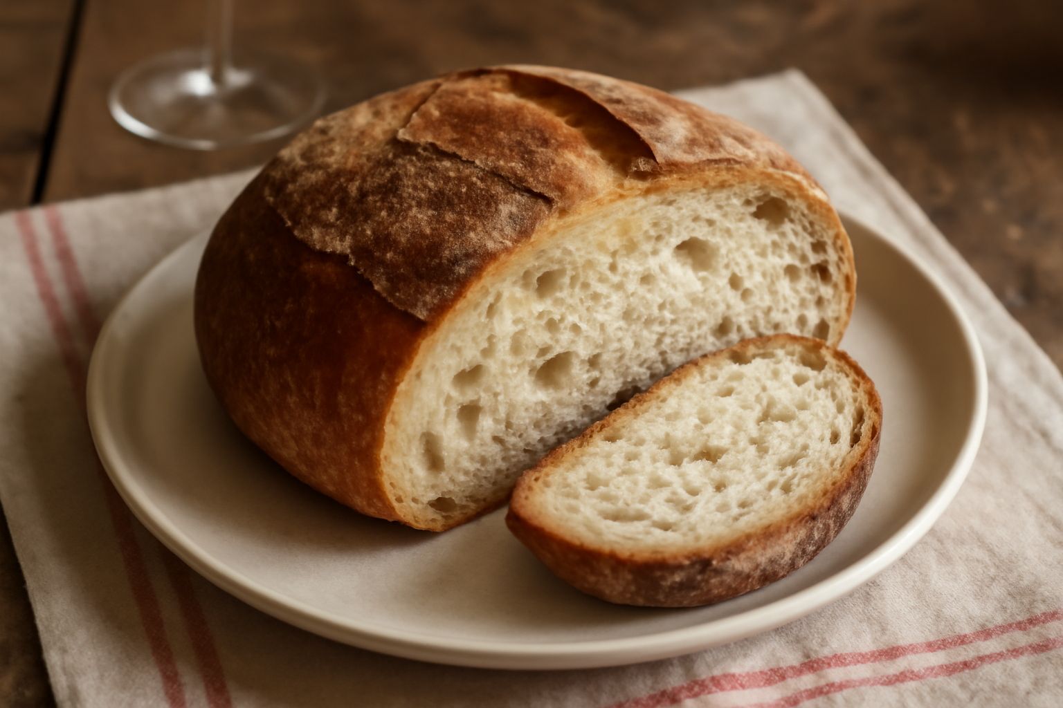 Una pagnotta di pane toscano appena sfornata, dorata e croccante, posizionata su un canovaccio di lino bianco, con la crosta increspata visibile e l'interno leggermente aperto che mostra la mollica ch