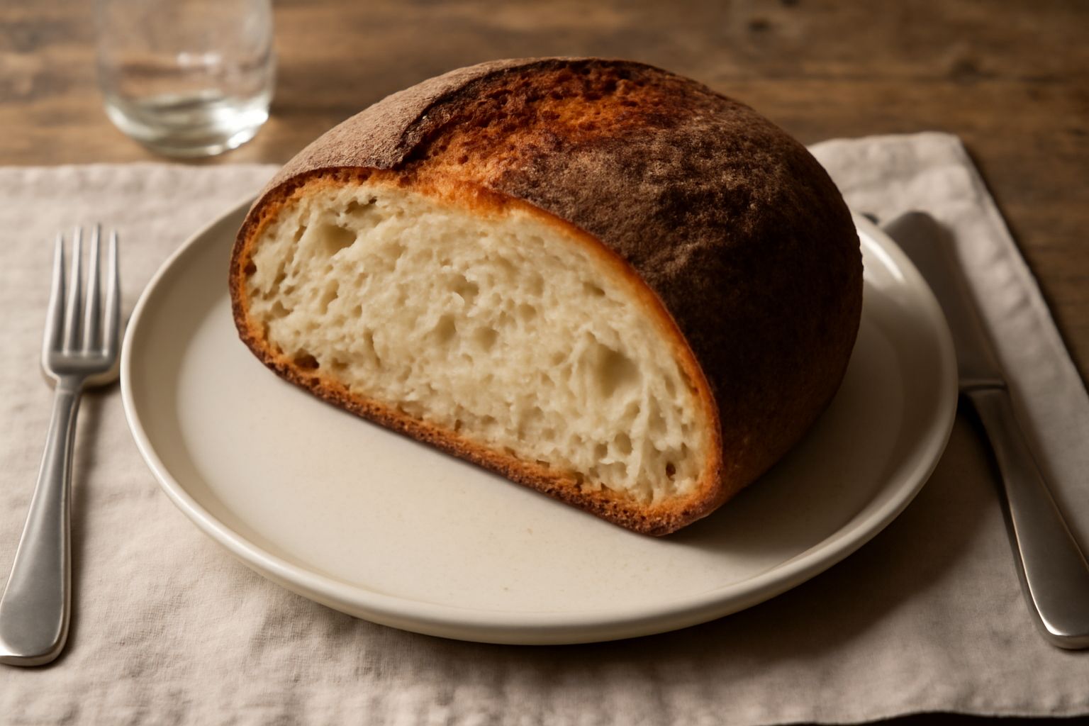 Pane toscano abruzzese tagliato a metà su un tavolo di legno, con crosta dorata e screpolata, mollica bianca e porosa, accanto a spighe di grano