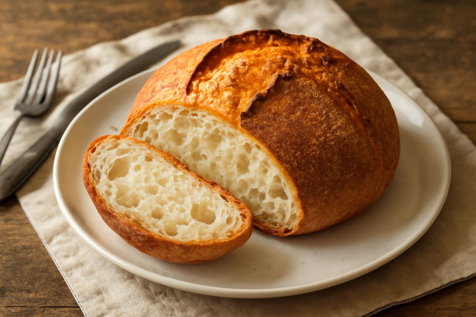 Pane toscano aquilano appena sfornato, con crosta dorata e screpolata, tagliato a metà per mostrare la mollica bianca con alveoli irregolari e ben distribuiti, posato su un canovaccio di lino beige
