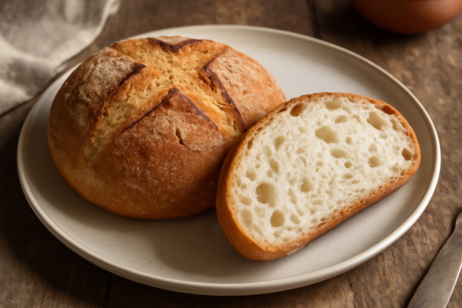 Pane toscano bergamasco intero e affettato su tagliere di legno, crosta dorata e screpolata, mollica bianca e alveolata visibile nelle fette, pane disposto su lino bianco