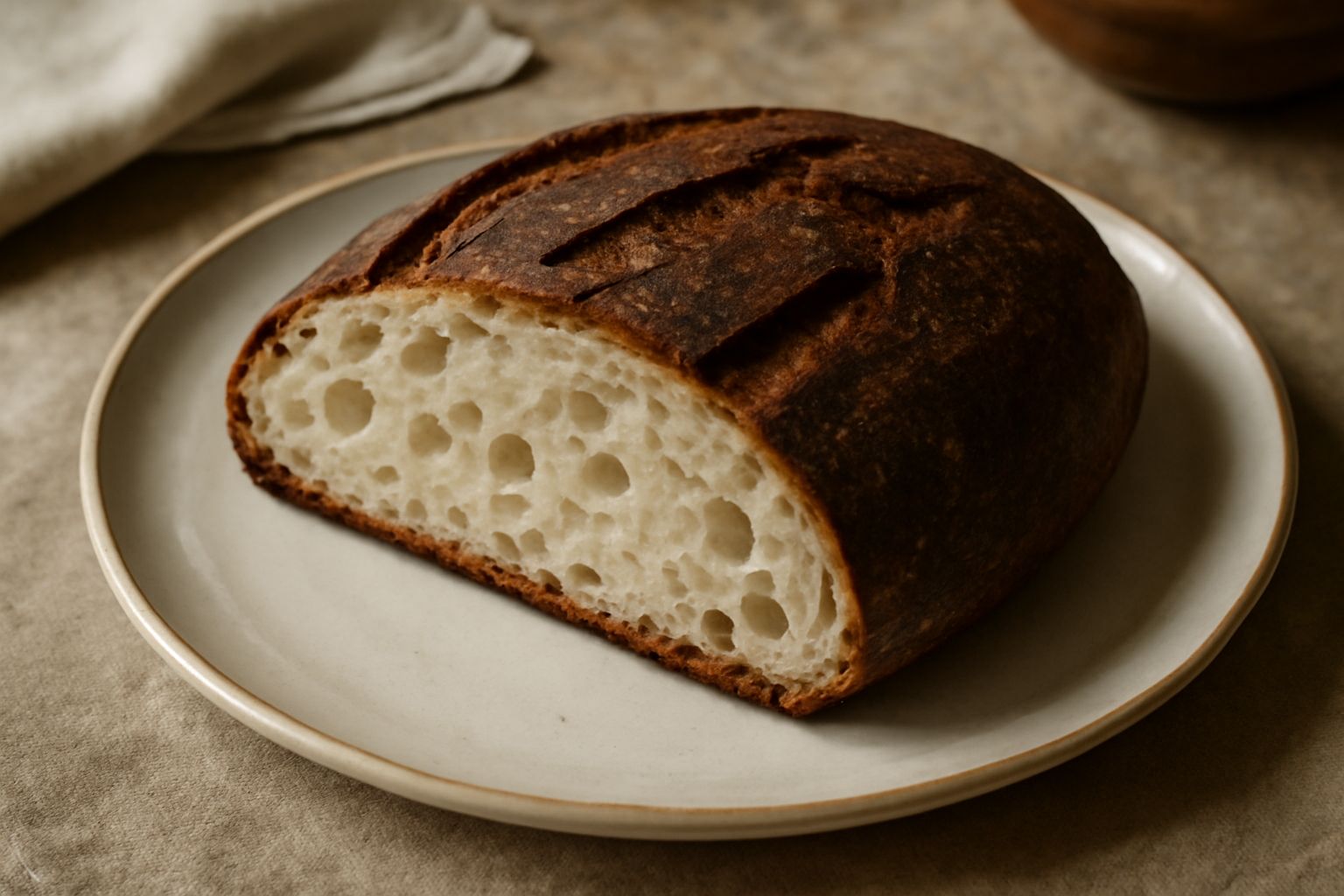 Pane toscano bresciano a fette su tavolo di legno, crosta scura e croccante, interno chiaro e alveolato, accanto a pezzi di formaggio e salumi