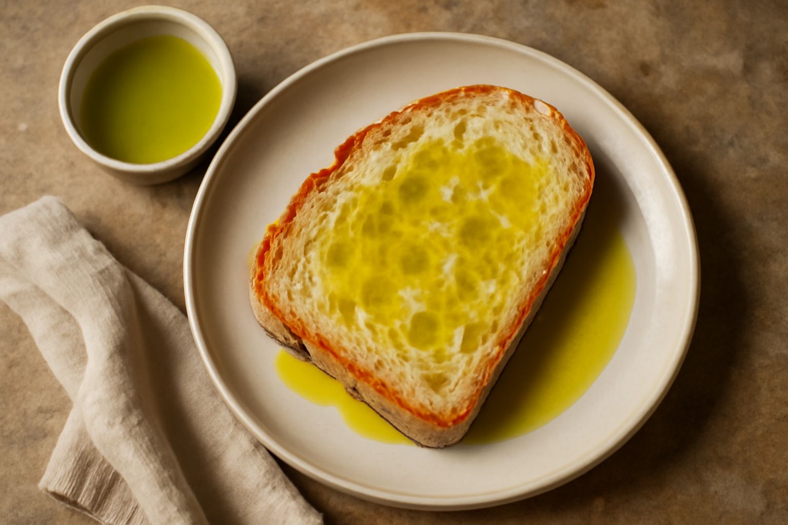 Pane toscano tagliato a fette, cosparso d'olio d'oliva, su un piano di legno con una bottiglia di olio accanto