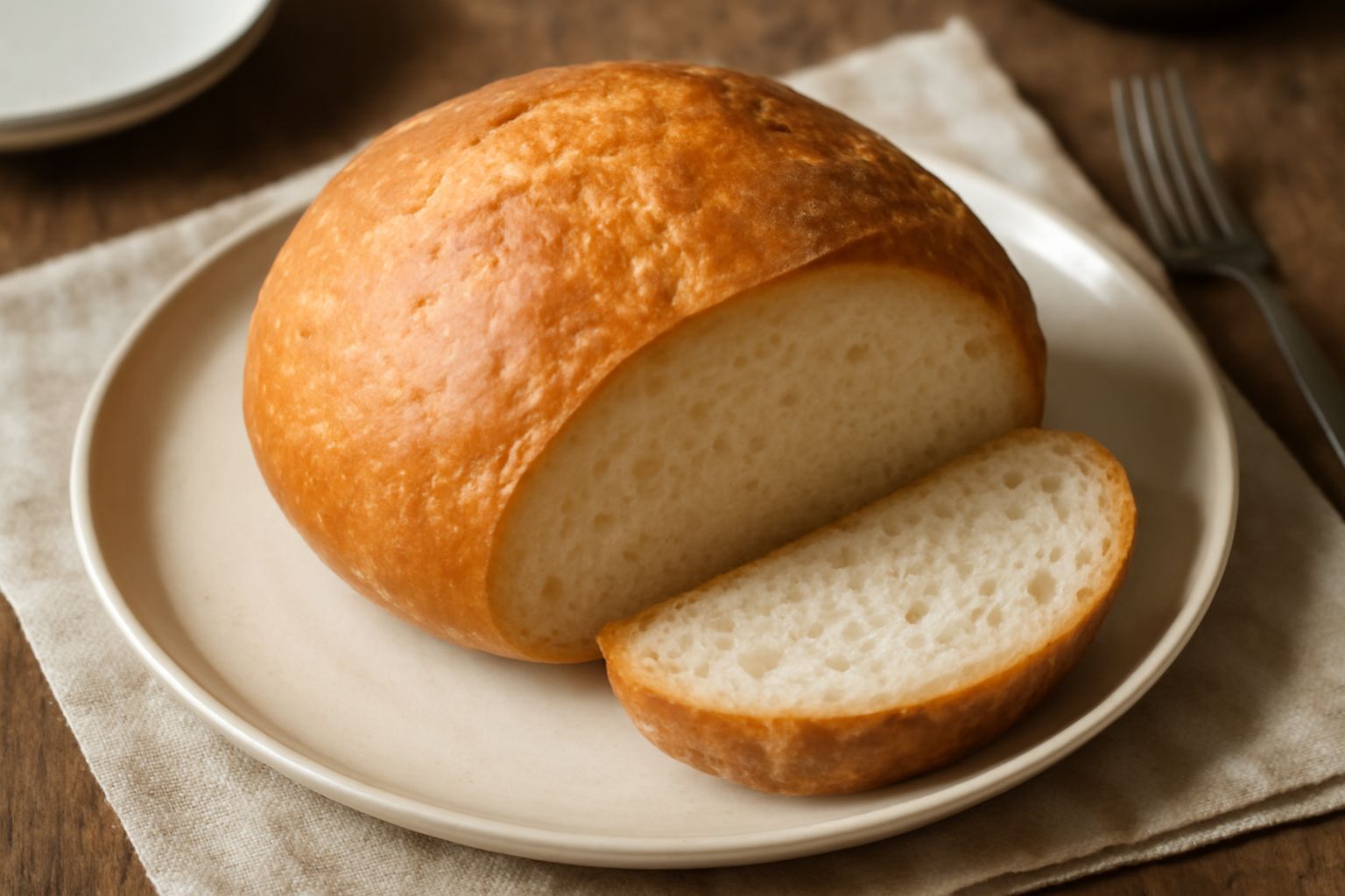 Pane toscano dell'Emilia a fette, con crosta dorata e screpolature naturali, mollica bianca e soffice, disposto su tavolo di legno accanto a burro e formaggio