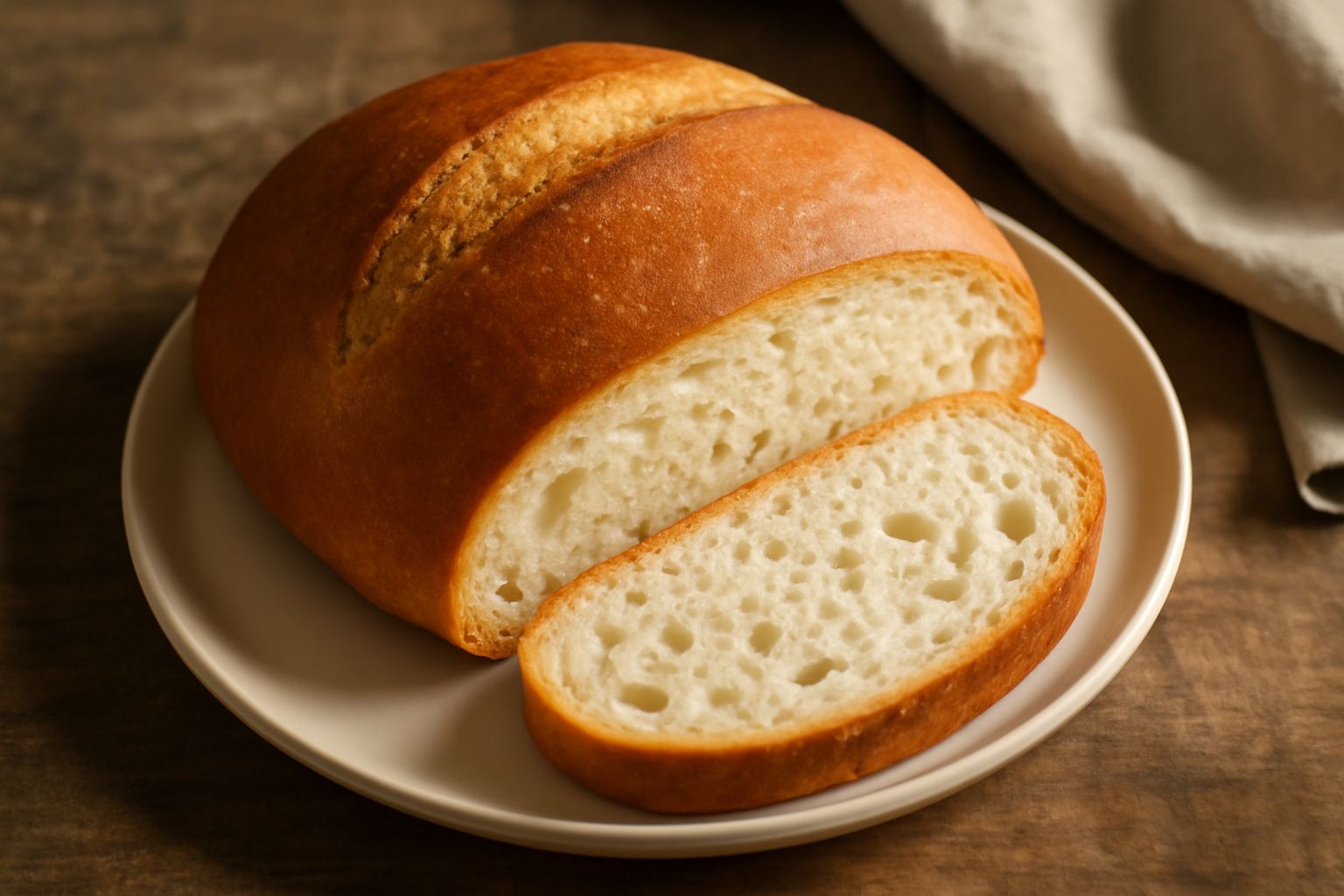 Pane toscano ligure dal taglio obliquo, crosta dorata, mollica bianca e omogenea, disposto su una tavola di legno accanto a spighe di grano secco