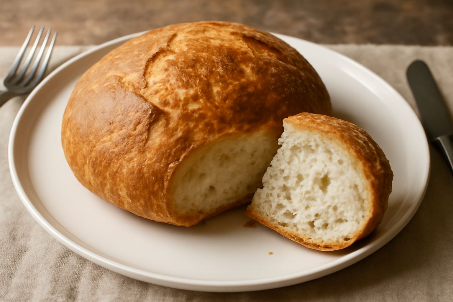 Una pagnotta di pane toscano marchigiano, color oro con crosta croccante, affettata su un tagliere di legno. Mollica bianca e umida visibile dalle fette, nessun sale sulla superficie.