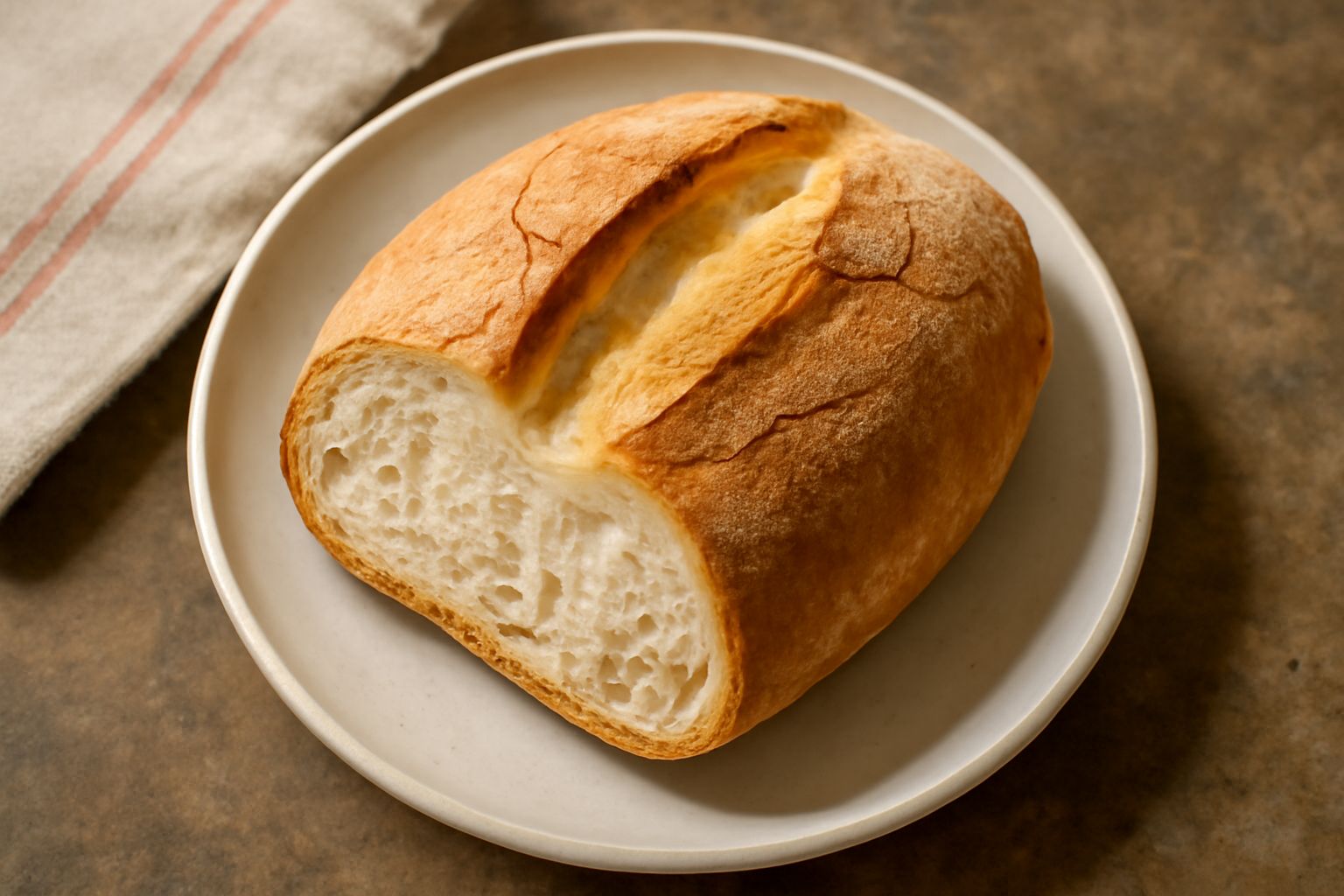 Pane toscano pavese a fette su tavolo di legno, mollica bianchissima e soffice, crosta dorata, con un coltello da pane accanto