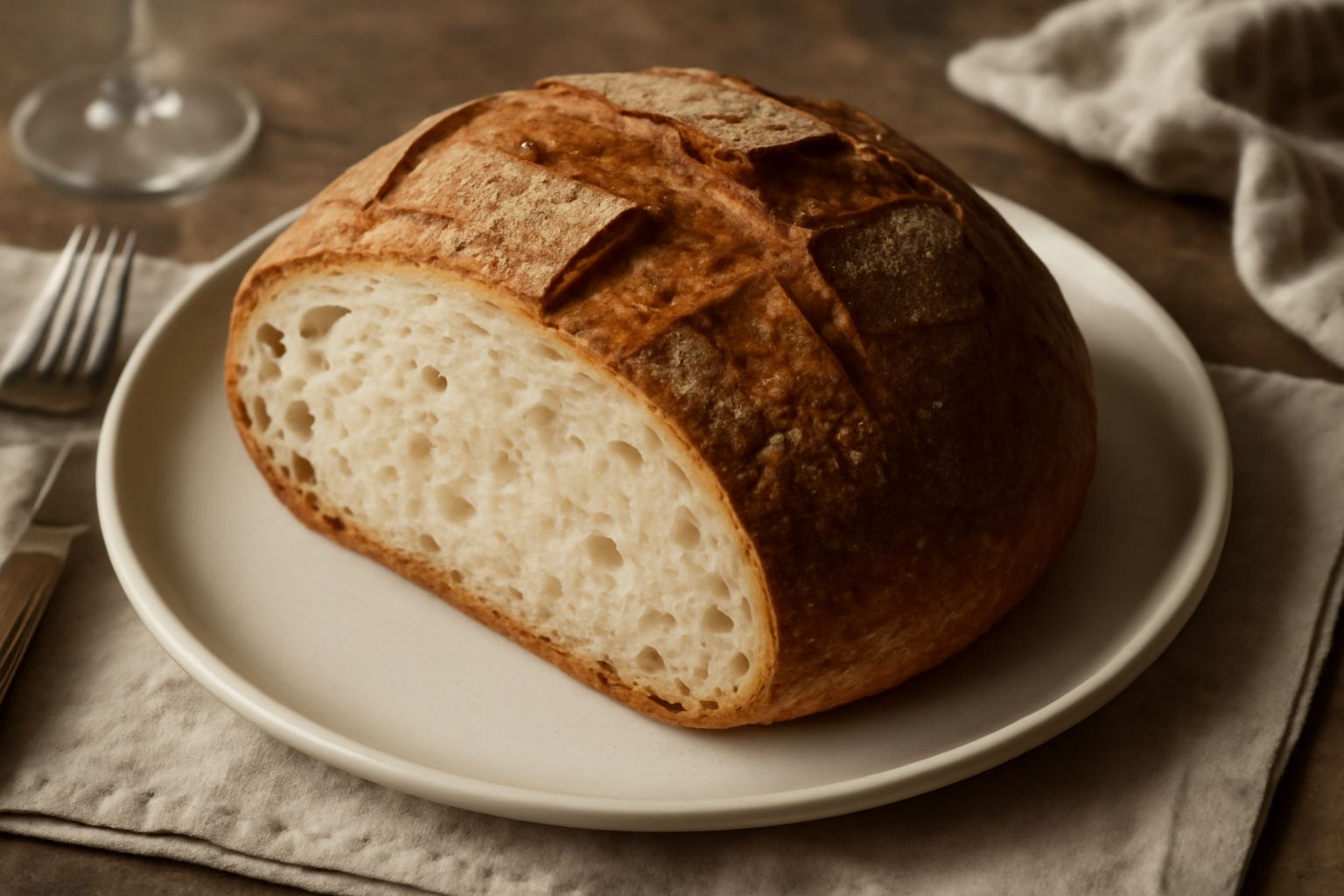Pane toscano piacentino intero con crosta marrone-dorata e spaccature naturali, tagliato a metà per mostrare la miga bianca e soffice, servito su una tavola di legno con spighe di grano
