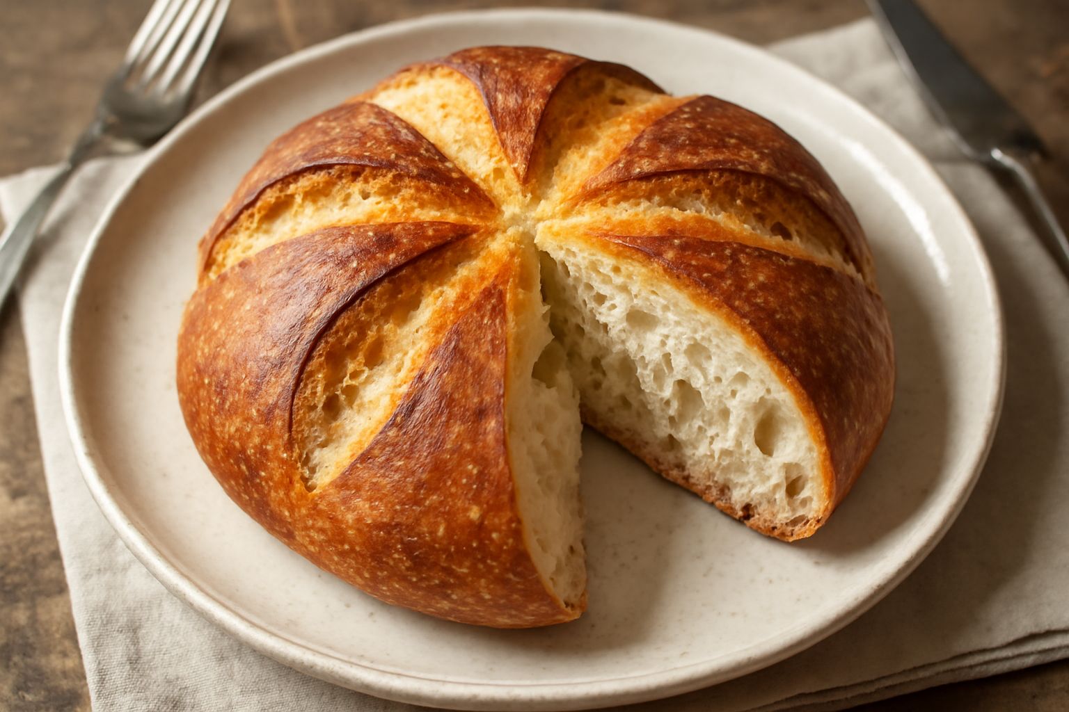 Pane a forma di rosetta color dorato con crosta croccante e profonde spaccature, tagliato a metà per mostrare l'interno bianco e soffice, accanto a spighe di grano su una tavola di legno