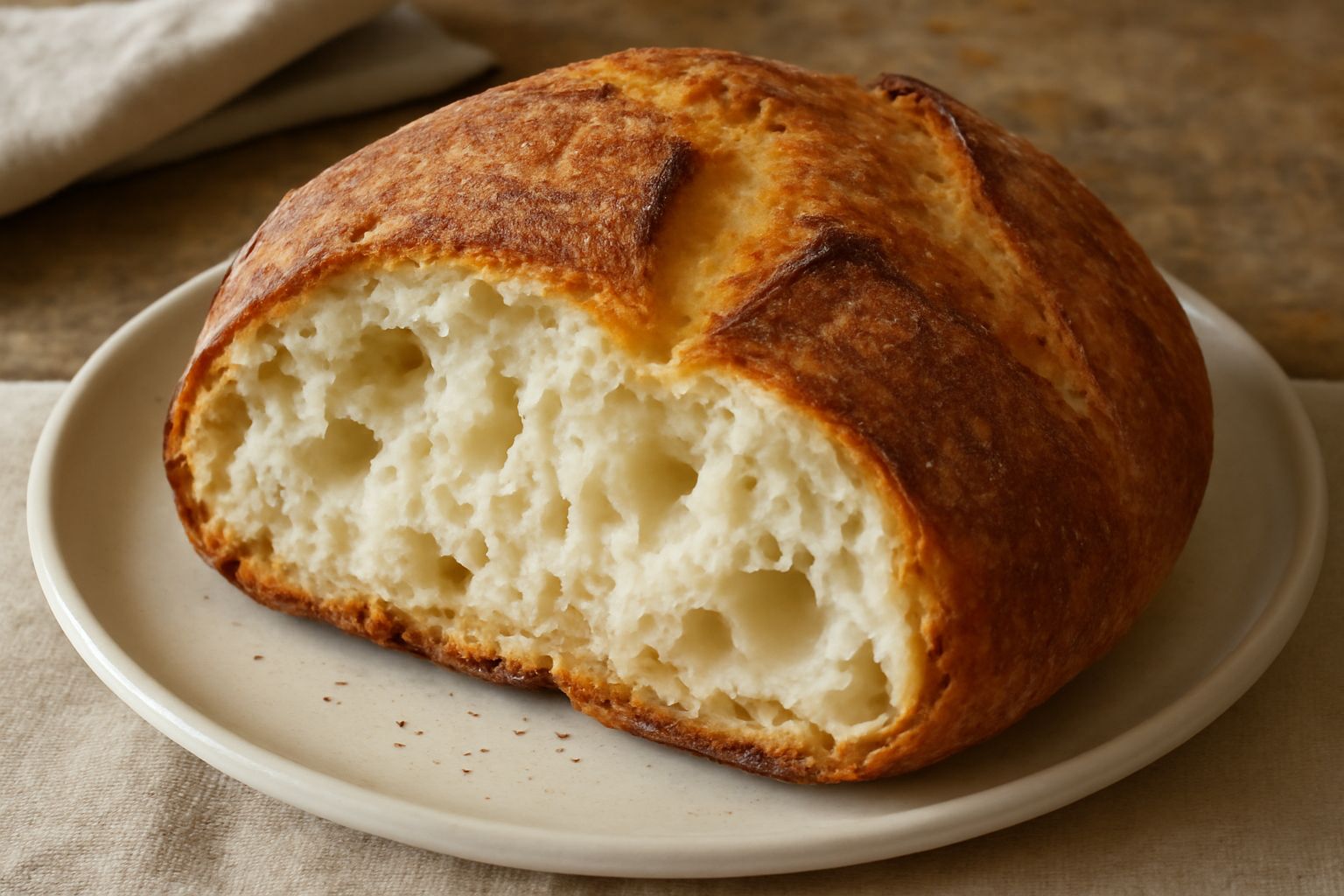 Pane toscano pugliese appena sfornato, dalla forma tonda e allungata, con crosta dorata e screpolature naturali, posato su una tavola di legno con farina sparsa intorno