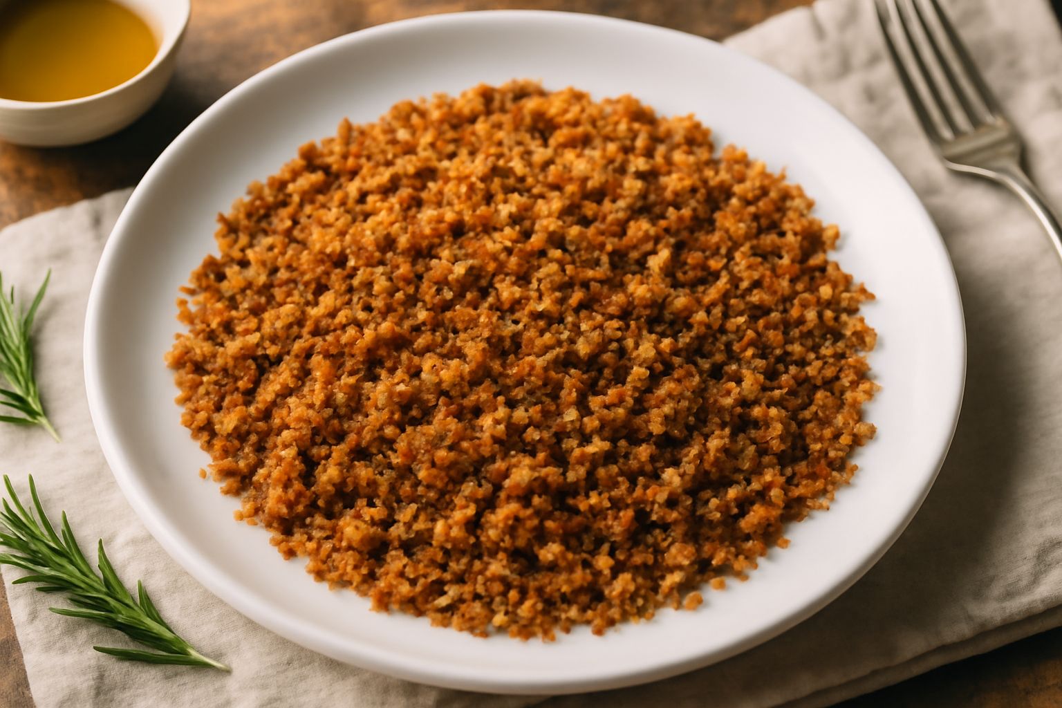 Pane toscano grattugiato color oro che riempie un piatto bianco, con briciole croccanti sparse in superficie, olio d'oliva che brilla leggero, contorno di rosmarino fresco e pepe nero macinato