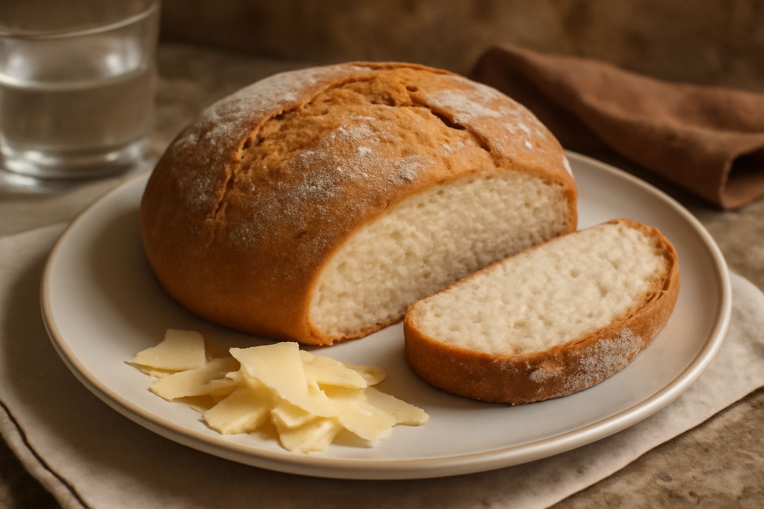 Pagnotta di pane toscano dal colore dorato-marroncino, appena sfornata, con crosta croccante e leggeri sgretolamenti sulla superficie, affiancata da una fetta bianca che mostra la mollica soffice e al
