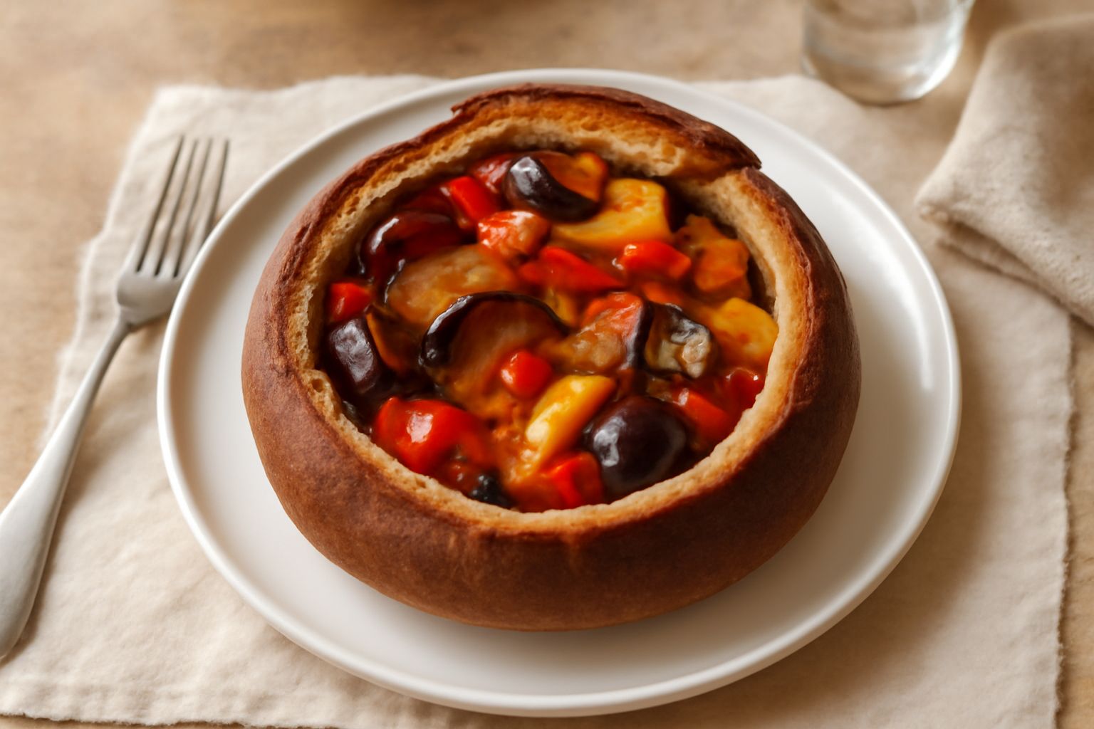 Pane toscano ripieno affettato su tavolo di legno, con interior pieno di verdure rosse, cipolle dorate e melanzane, crosta marrone scuro, piatti bianchi sullo sfondo