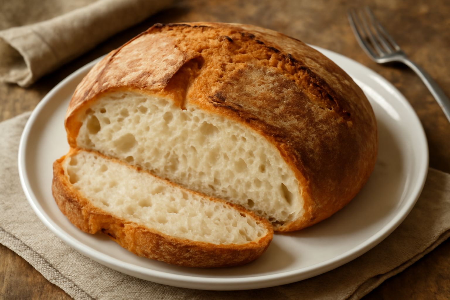 Pane toscano rodigino a fette, crosta dorata e croccante, mollica bianca e soffice, tagliato su una tavola di legno con un coltello da pane