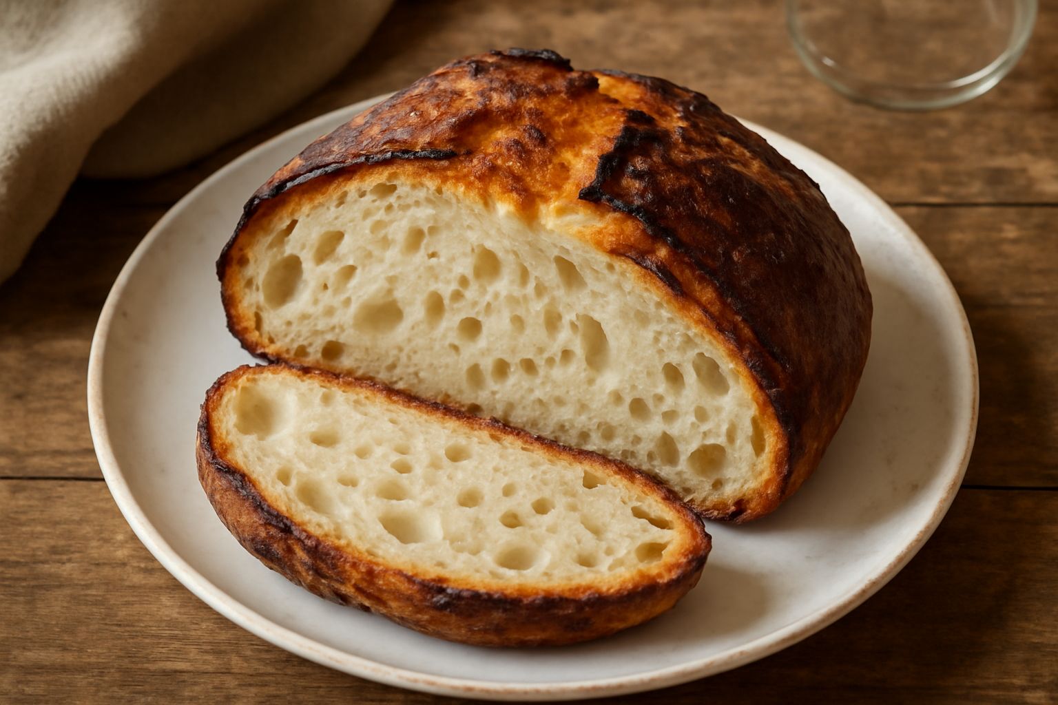 Pane toscano sardo intero e affettato, crosta dorata scura, interno bianco con alveoli irregolari, posato su un canovaccio di lino beige