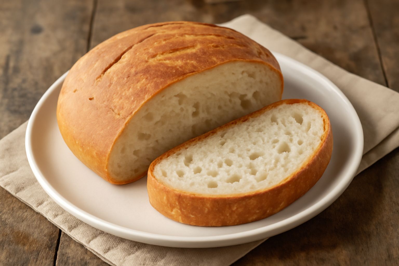 Pane toscano rotondo e dorato con superficie leggermente screpolata, tagliato a metà su un tavolo di legno, molla di grano sullo sfondo