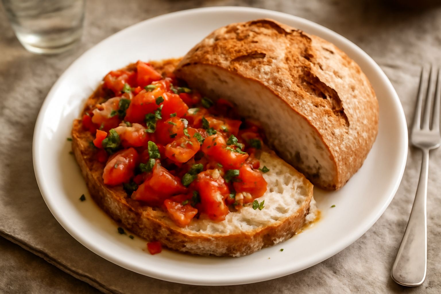 Pane toscano senza sale tagliato a fette, crosta dorata e croccante, interno bianco e alveolato, poggiato su carta kraft in un cesto di vimini con spighe di grano intorno