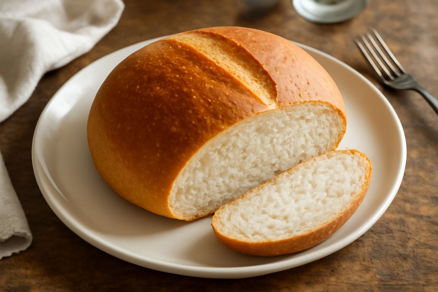 Pane toscano tagliato a fette su una tavola di legno: crosta dorata e croccante, interno bianco e alveolato, disposizione informale con farina sparsa intorno