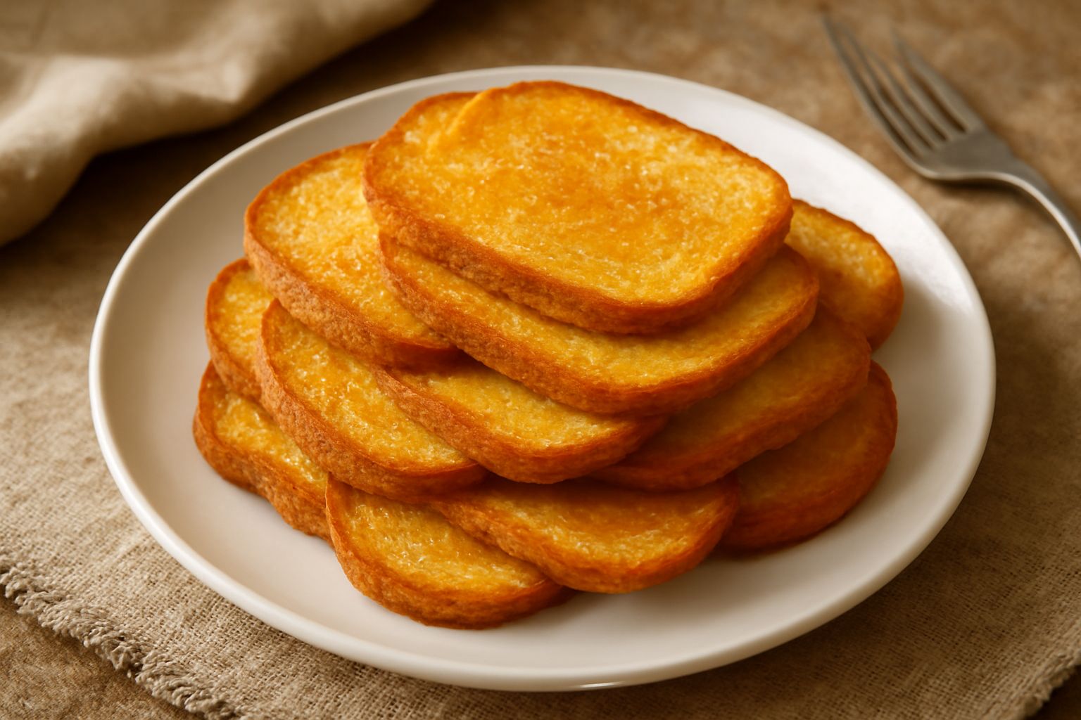 Fette di pane tostà dorate e croccanti impilate su un piatto bianco, con superficie dorata e uniforme, accanto a un cucchiaio di legno e una tazza di caffè