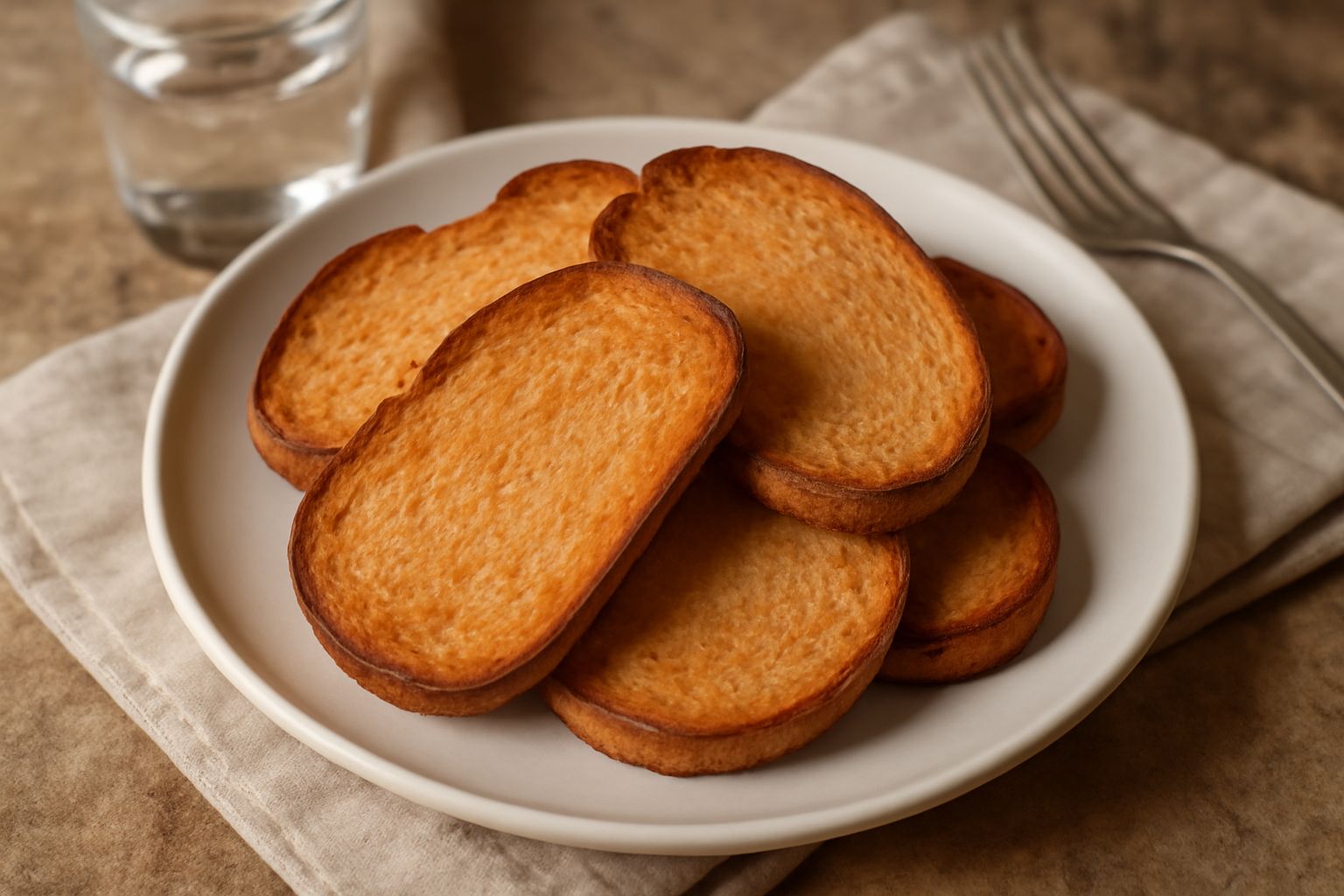Fette di pane tostadu dorate e croccanti impilate su un piatto bianco, con superficie uniformemente abbronzata e spigoli leggermente scuriti