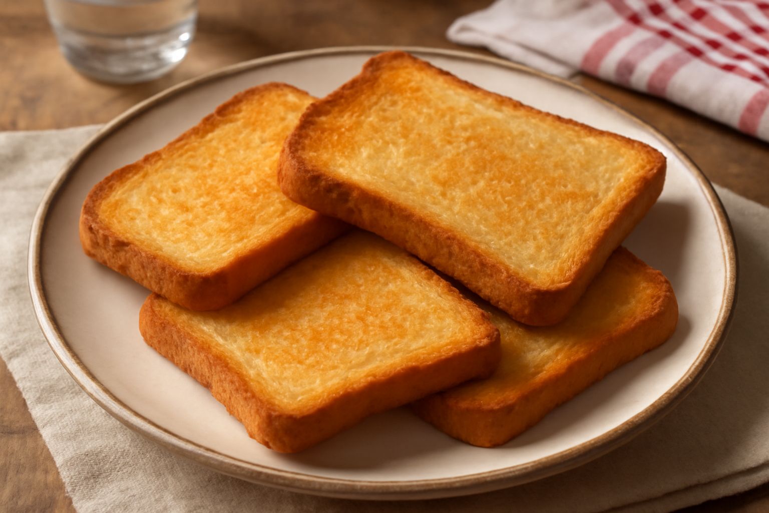 Fette di pane tostato dorato e croccante disposte su un piatto bianco, con bordi ben abbrustoliti e superficie uniforme, accanto a un coltello da burro