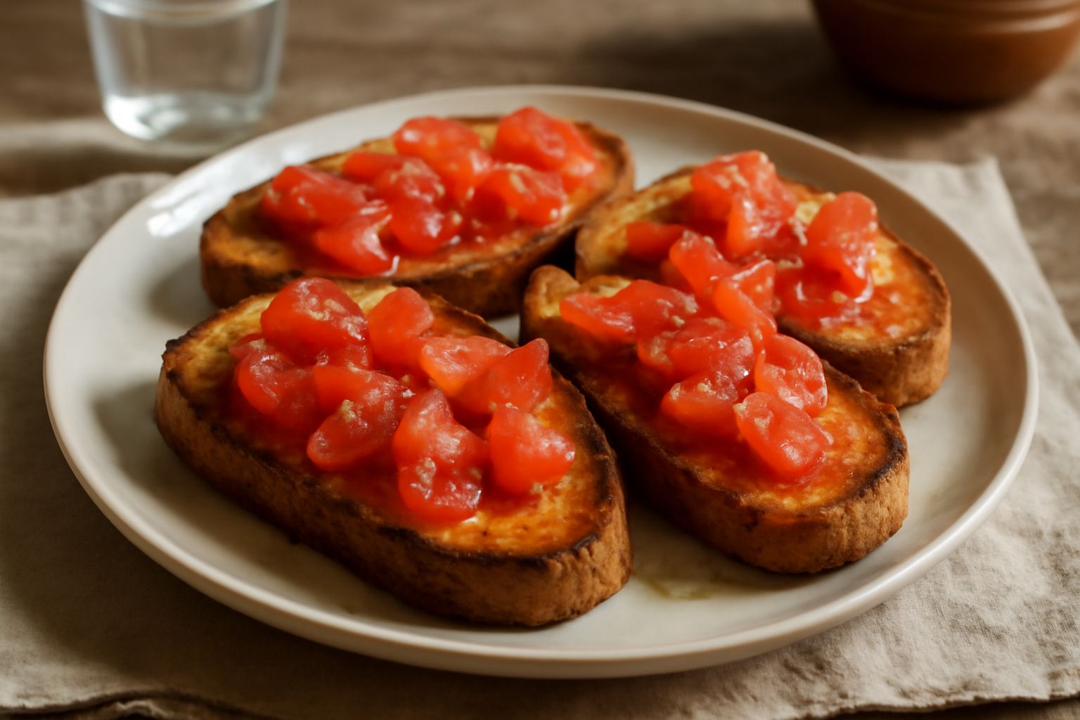 Fette di pane tostato croccante, dorate ai bordi, coperte di polpa di pomodoro rosso intenso, olive nere e basilico fresco su un piatto bianco