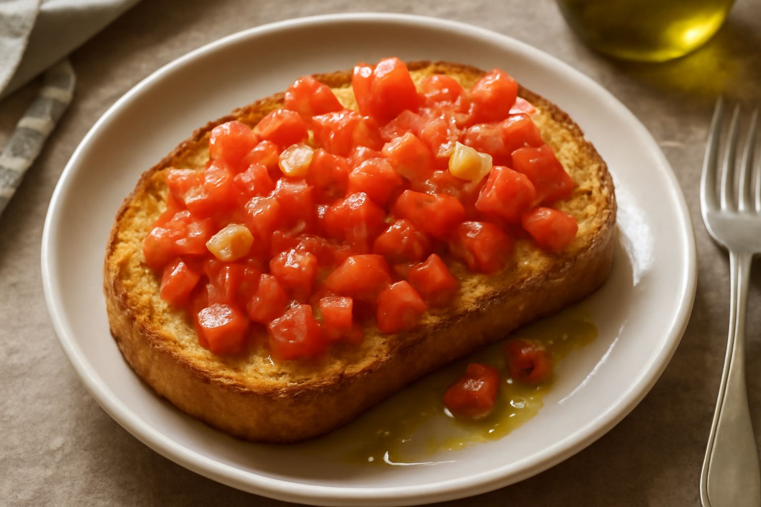 Fette di pane tostato dorato su piatto bianco, condite con olio, aglio affettato e pomodoro rosso fresco tagliato in piccoli pezzi, guarnite di sale grosso