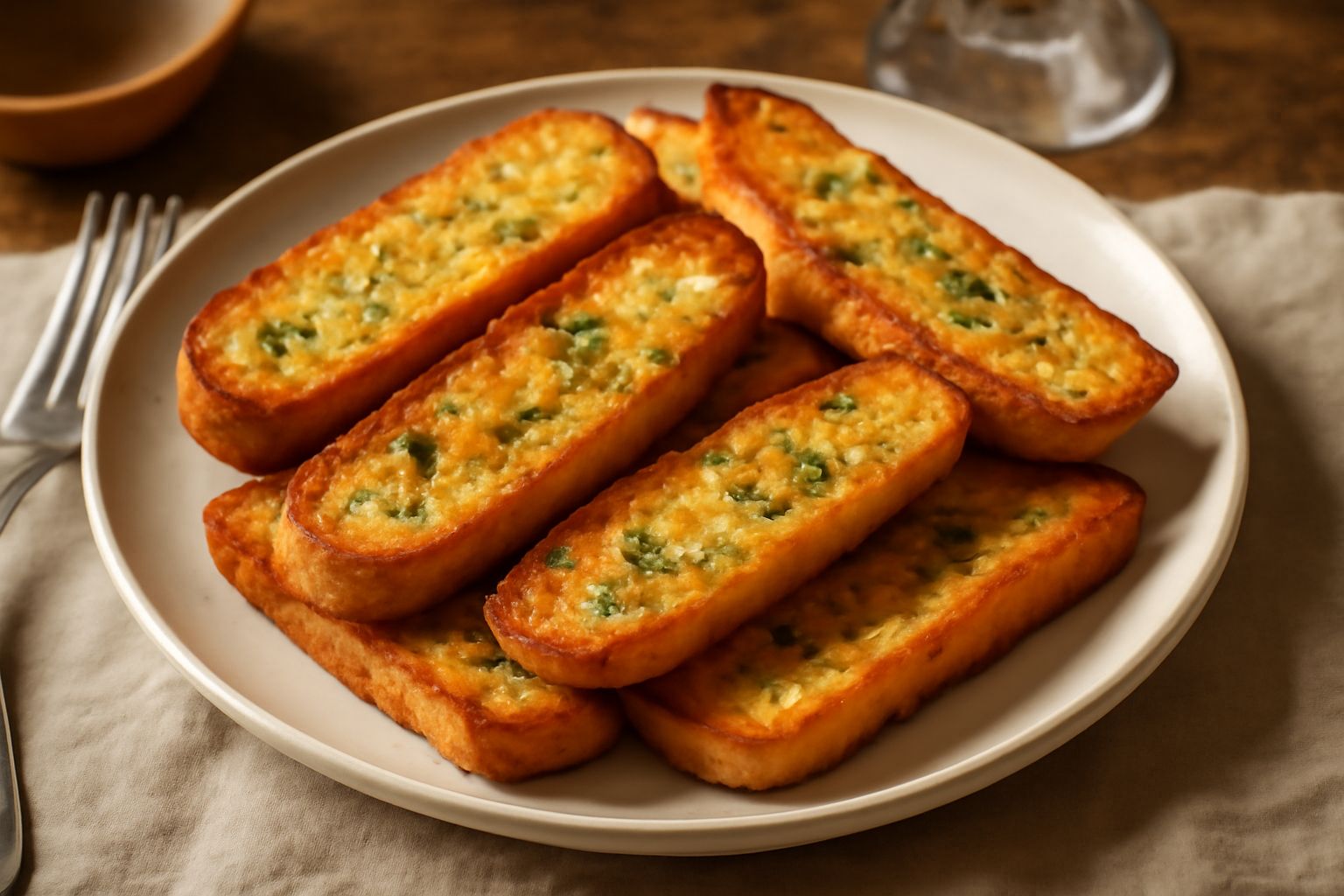 Fette di pane tostato all'aglio dorate e croccanti, cosparse di prezzemolo fresco tritato, disposte a grappolo in un piatto bianco. Aglio sbucciato e olio d'oliva accanto. Colore dorato uniforme, bord