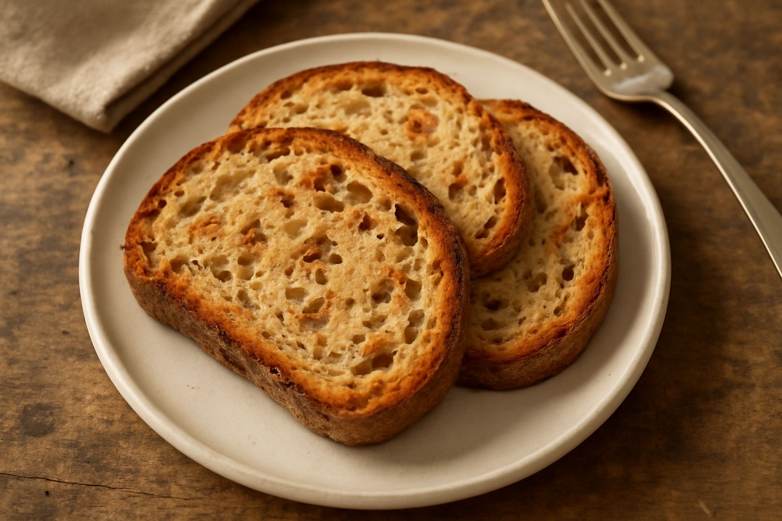 Fette di pane tostato alle noci impilate su un piatto bianco, superfice dorata e croccante punteggiata di pezzetti di noce, con un bicchiere di latte sfocato sullo sfondo