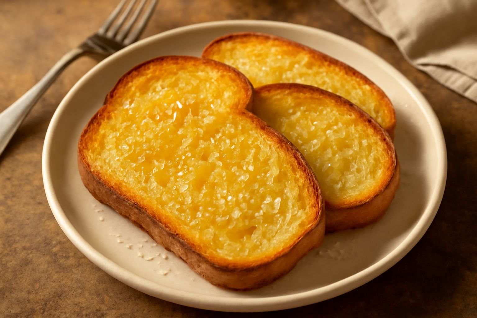 Pane tostato all'olio disposto su un piatto bianco, fette dorate e croccanti, leggermente oleate, con cristalli di sale visibili sulla superficie, colore dorato uniforme