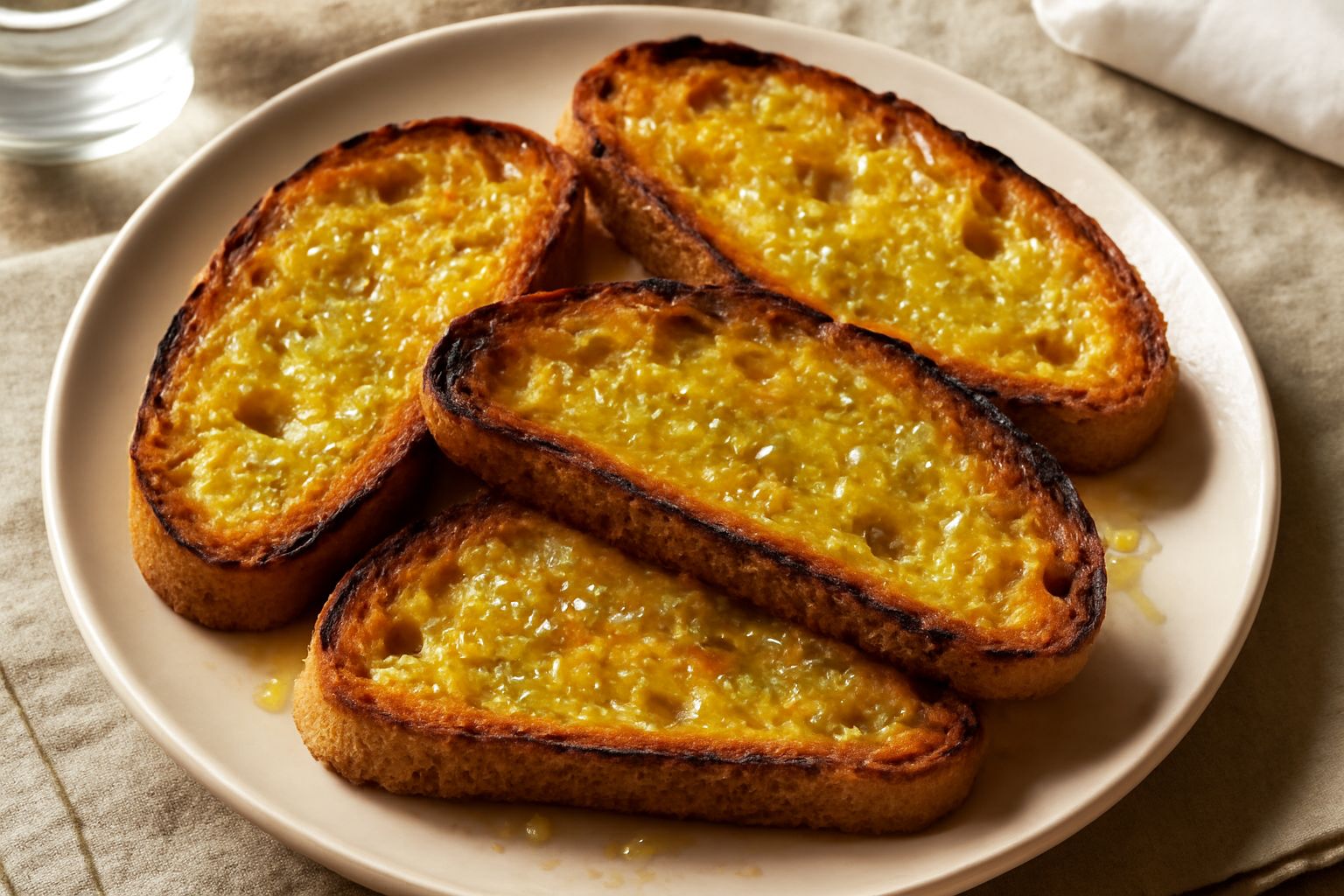 Fette di pane tostato dorate e croccanti disposte su un piatto bianco, cosparse di gocce d'olio extravergine e granelli di sale marino grosso, con una ciotola di olio sfocata sullo sfondo