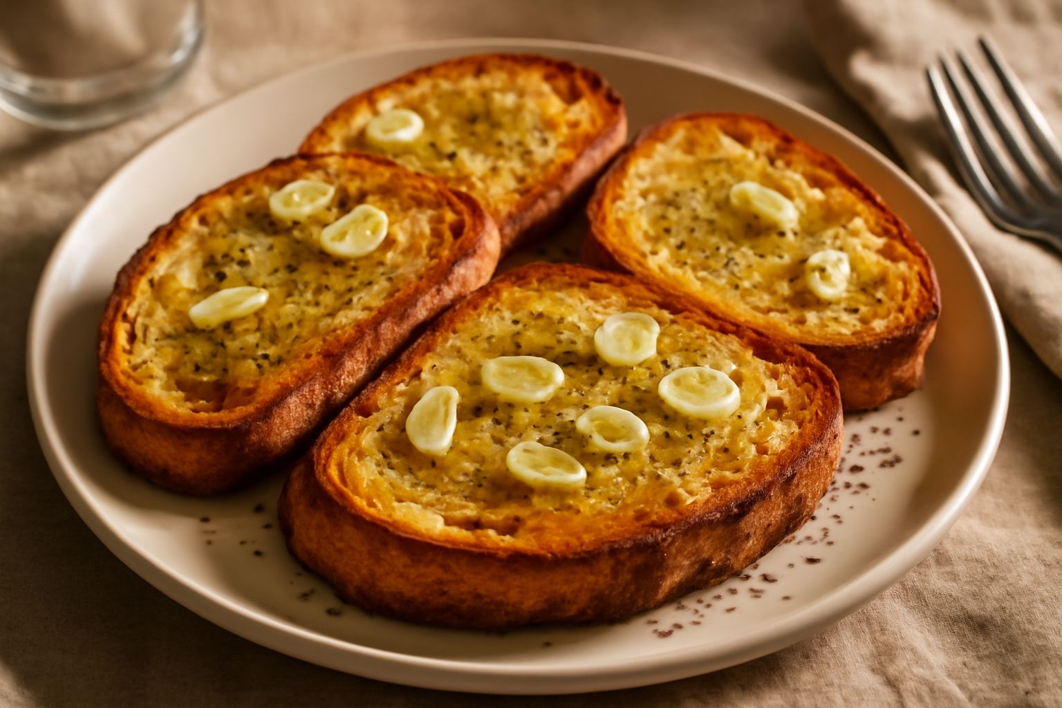 Fette di pane tostato amalfitano dorate e croccanti disposte su un piatto bianco, cosparse di origano secco e gocce di olio di oliva, con aglio affettato visibile sulla superficie