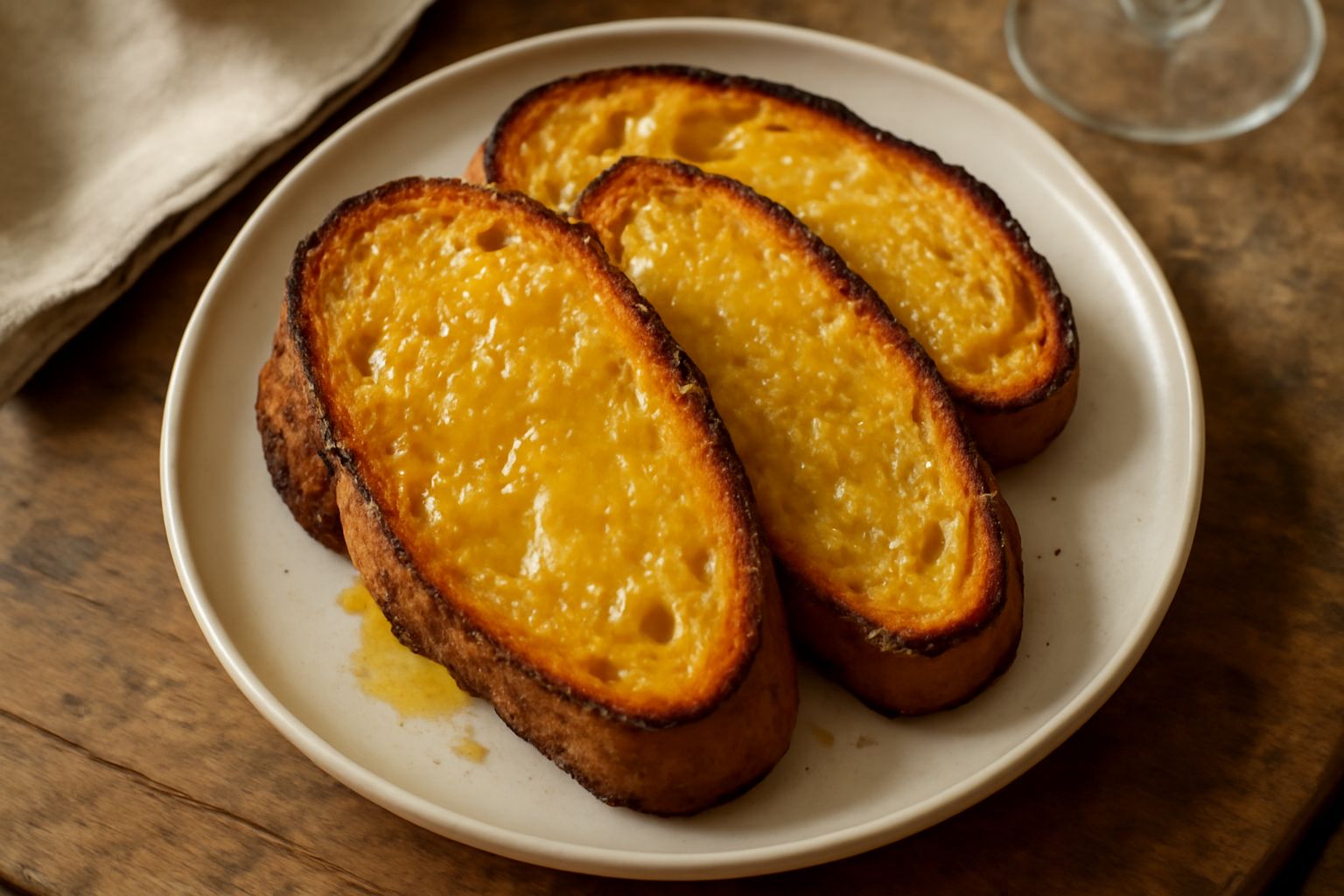 Fette di pane tostato dorate e croccanti, disposte su un piatto bianco, cosparse di olio d'oliva brillante e grani di sale marino visibili in superficie