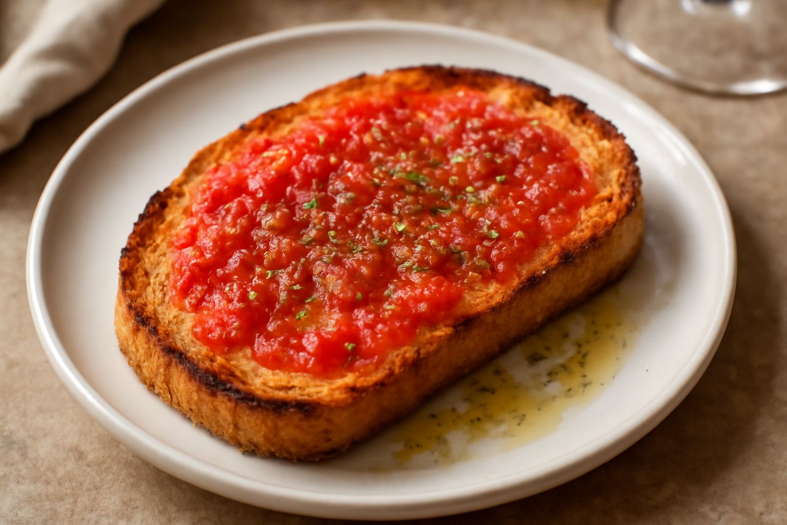 Fette di pane tostato dorato su un piatto bianco, condite con pomodori rossi a dadini, aglio tritato fine e origano verde, con un filo di olio d'oliva lucido che copre la superficie