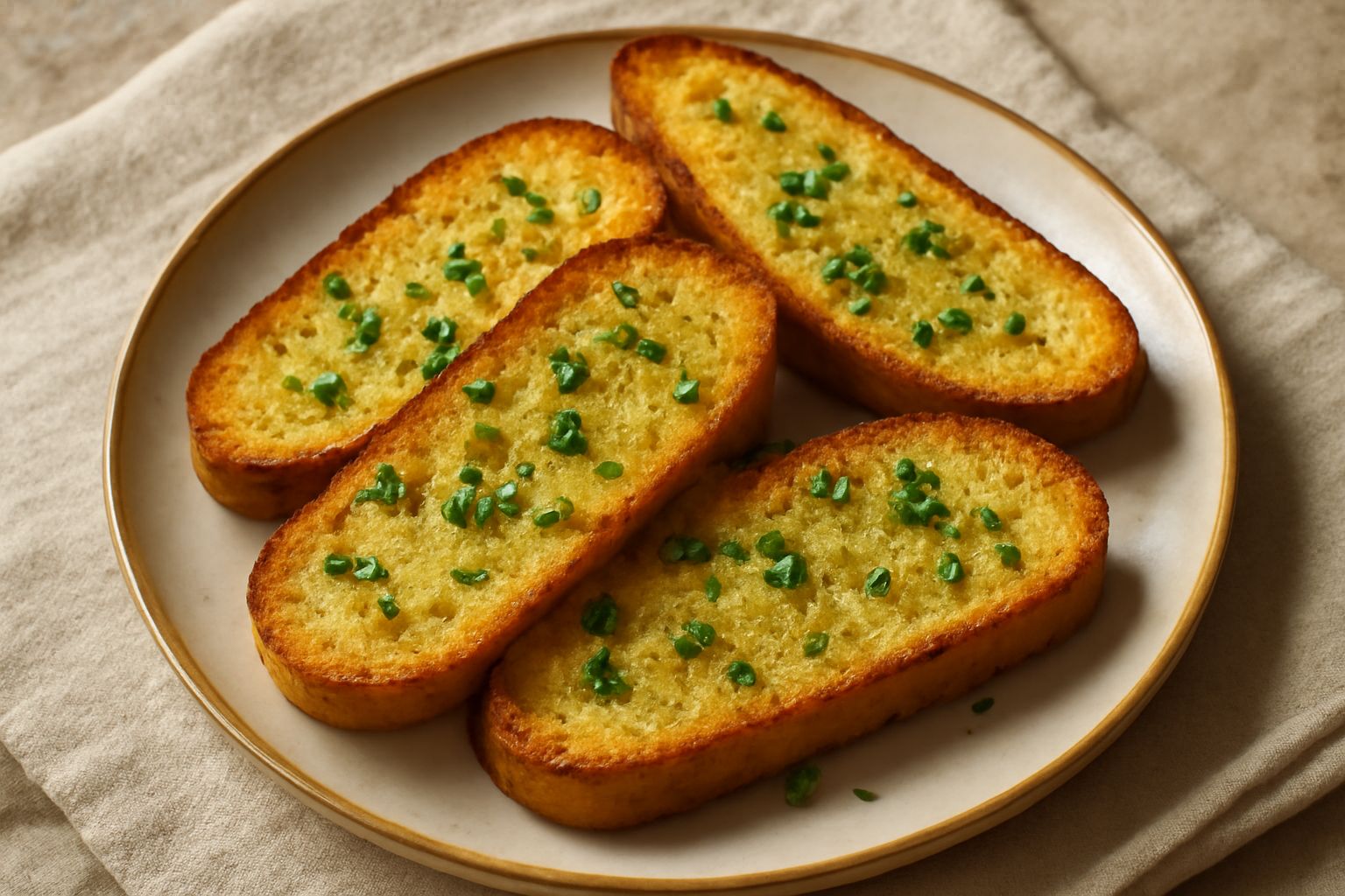 Fette di pane tostato color dorato con sfumature marroni, cosparse di aglio tritato e prezzemolo fresco, disposte su un piatto bianco con tracce di olio d'oliva lucido