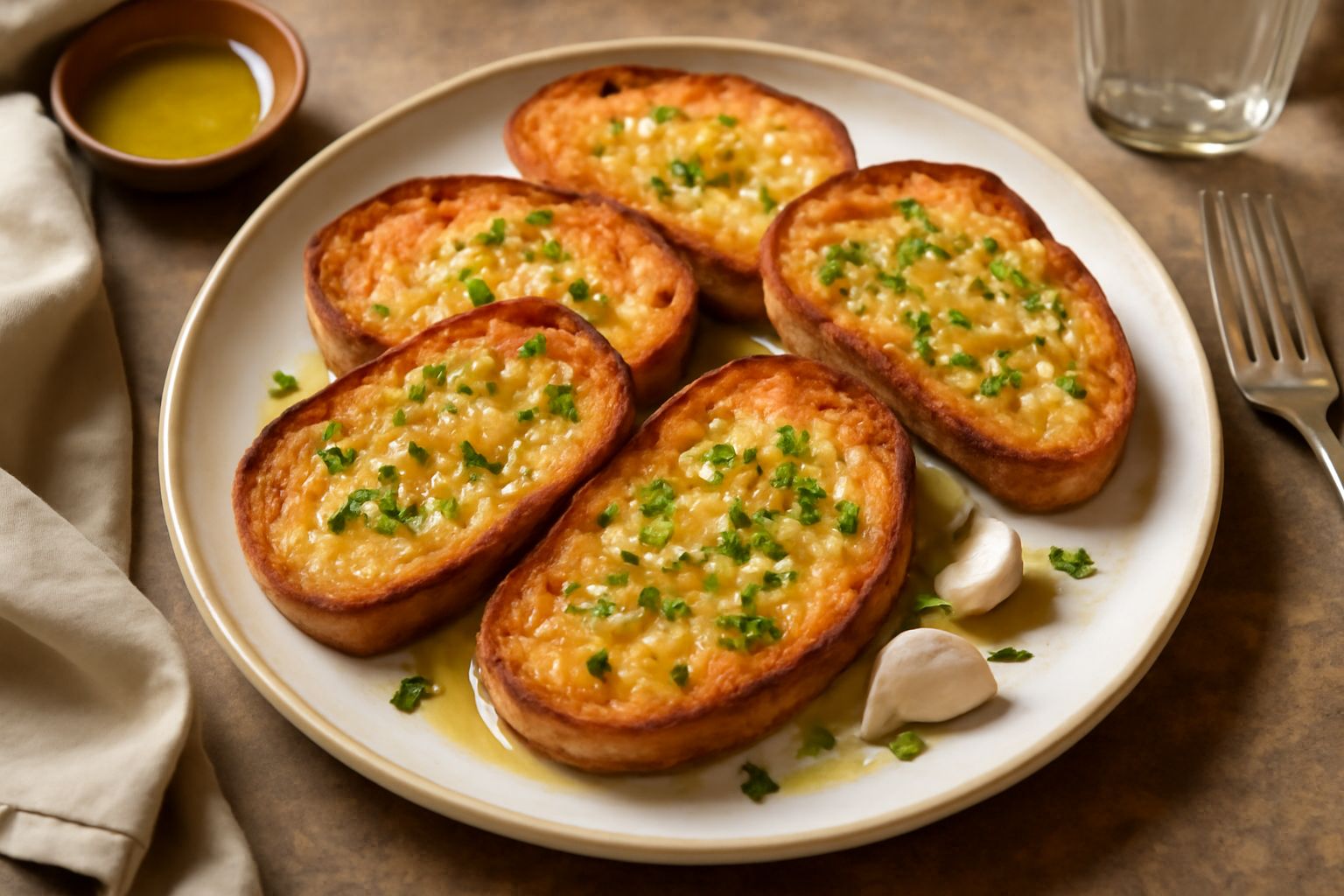 Fette di pane tostato dorate con aglio tritato e gocce di olio extravergine, su piatto bianco, con prezzemolo fresco ai lati