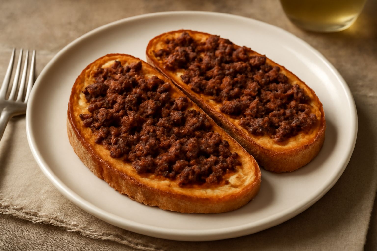 Fette di pane tostato dorate e croccanti in un piatto bianco, coperte di ciccioli marroni fritti e croccanti, guarnite con un pizzico di sale grosso, sfondo neutro