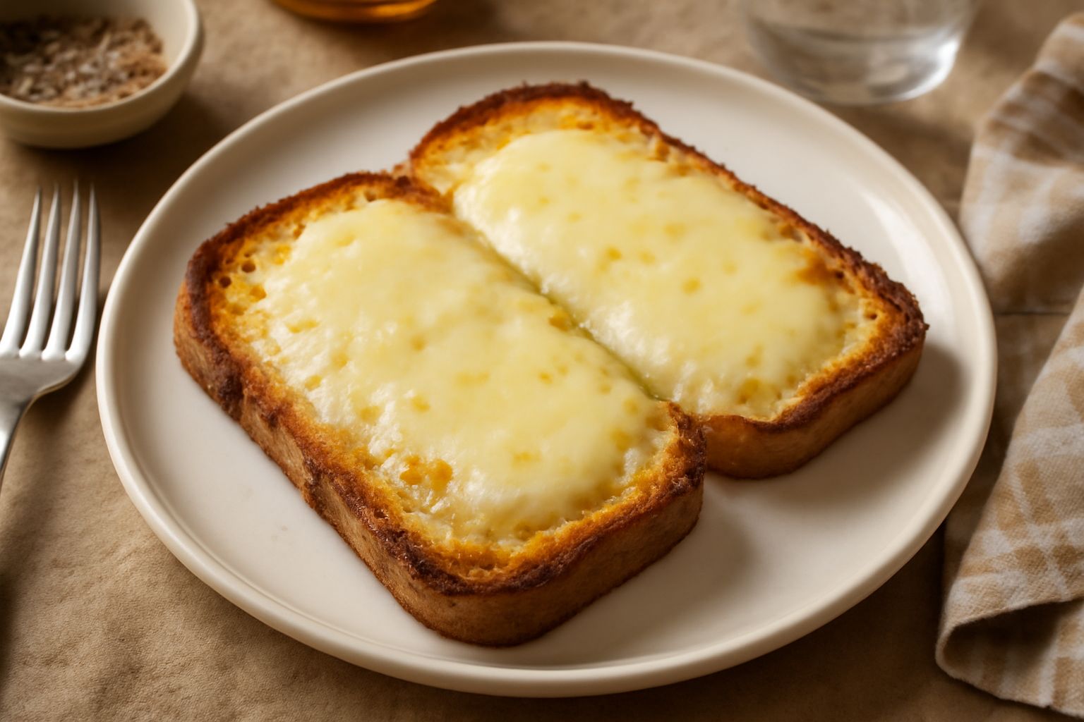 Due fette di pane tostato dorate con formaggio fuso che cola leggermente dai bordi, appoggiate su un piatto bianco, con una leggera guarnizione di pepe nero.