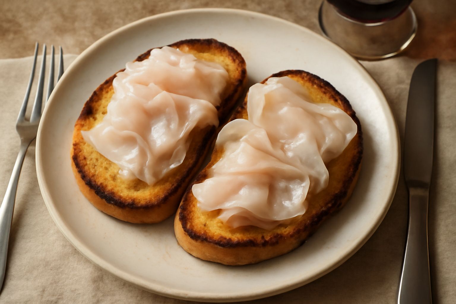 Fette di pane tostato color dorato intenso, ricoperte da sfoglie sottili di lardo bianco e leggermente trasparente, cosparse di grani di sale marino e pepe nero, poggiate su un piatto bianco con un or