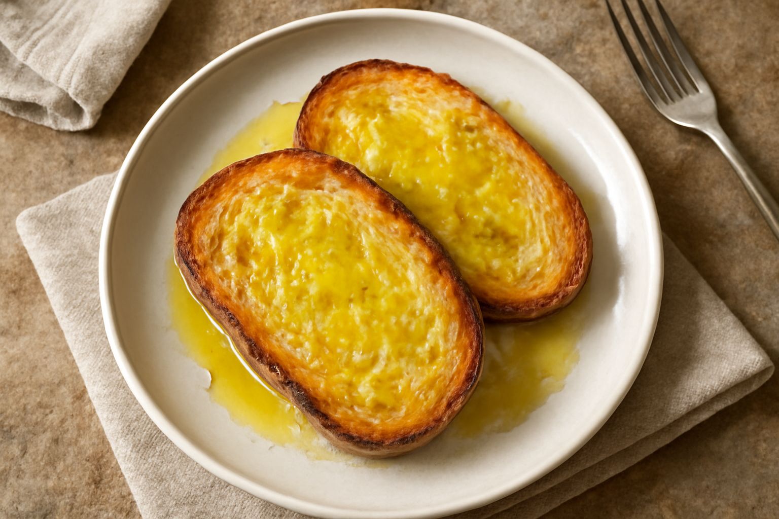 Fette di pane tostato dorate in un piatto bianco, cosparse di olio di oliva verde, con qualche goccia lucida sulla superficie
