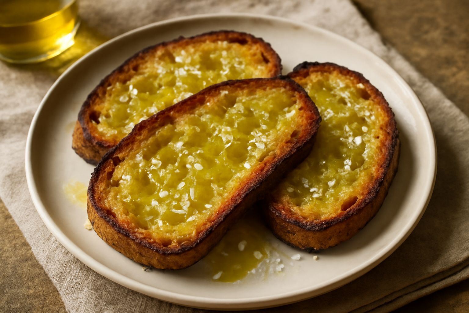 Fette di pane tostato color oro scuro appoggiate su un piatto bianco, cosparse di olio verde smeraldo, gocce lucide visibili, pizzico di sale marino grosso in alto a destra, sfondo neutro
