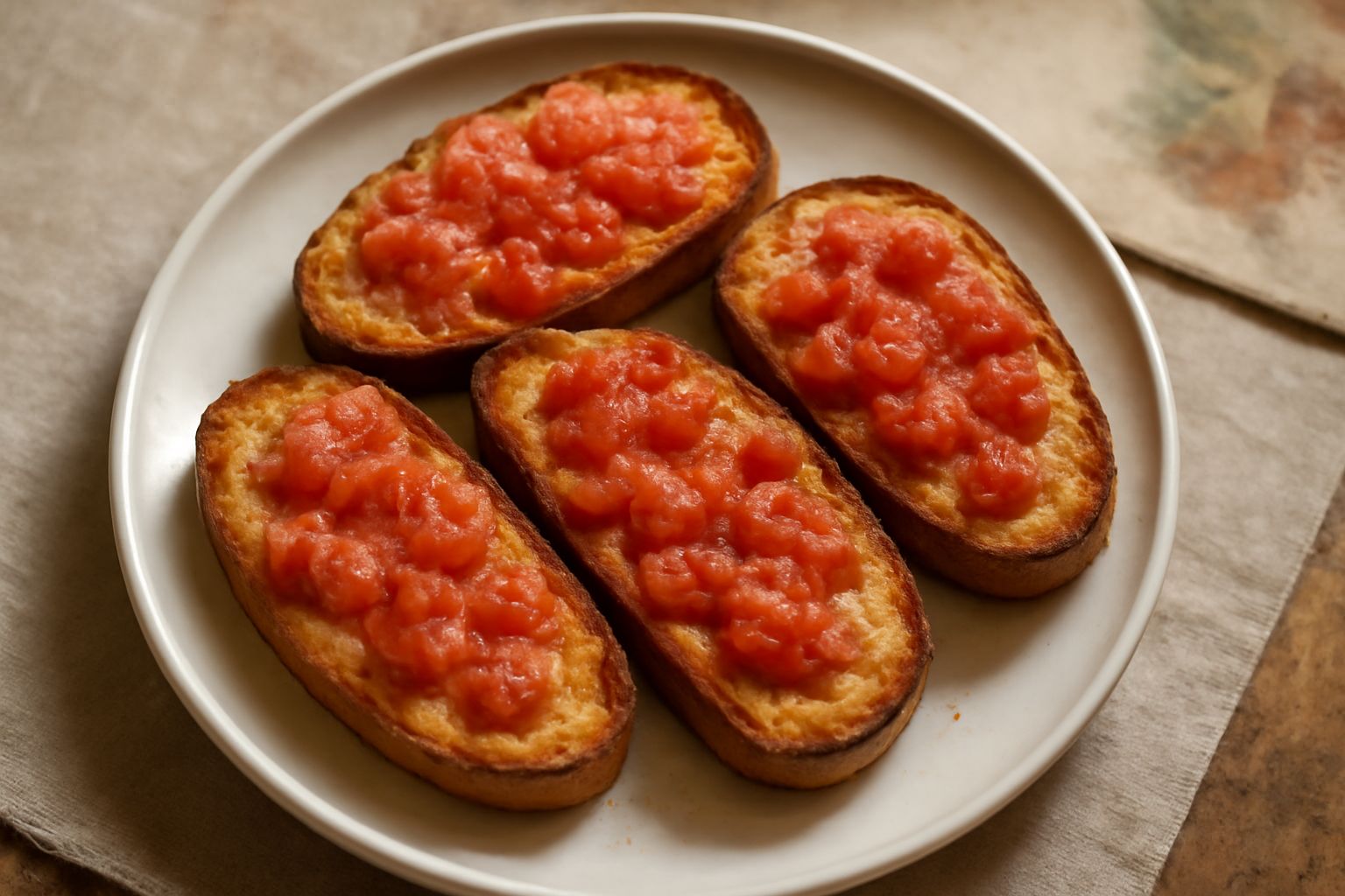 Tre fette di pane tostato dorate e croccanti, cosparse di polpa di pomodoro rosso brillante, pezzetti di pomodoro fresco, gocce d'olio verde scuro e foglie di basilico verde su piatto bianco, riprese 