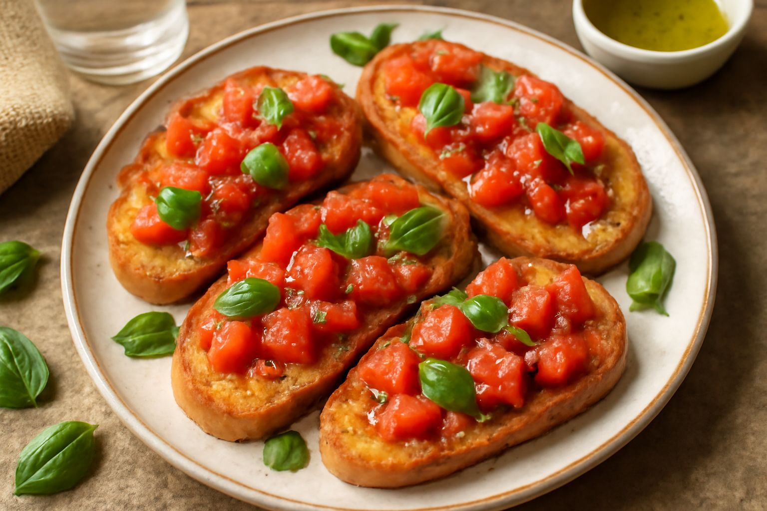 Fette di pane tostato dorate e croccanti condite con pomodori rossi appena tagliati, olio d'oliva lucido e basilico fresco su un piatto bianco.