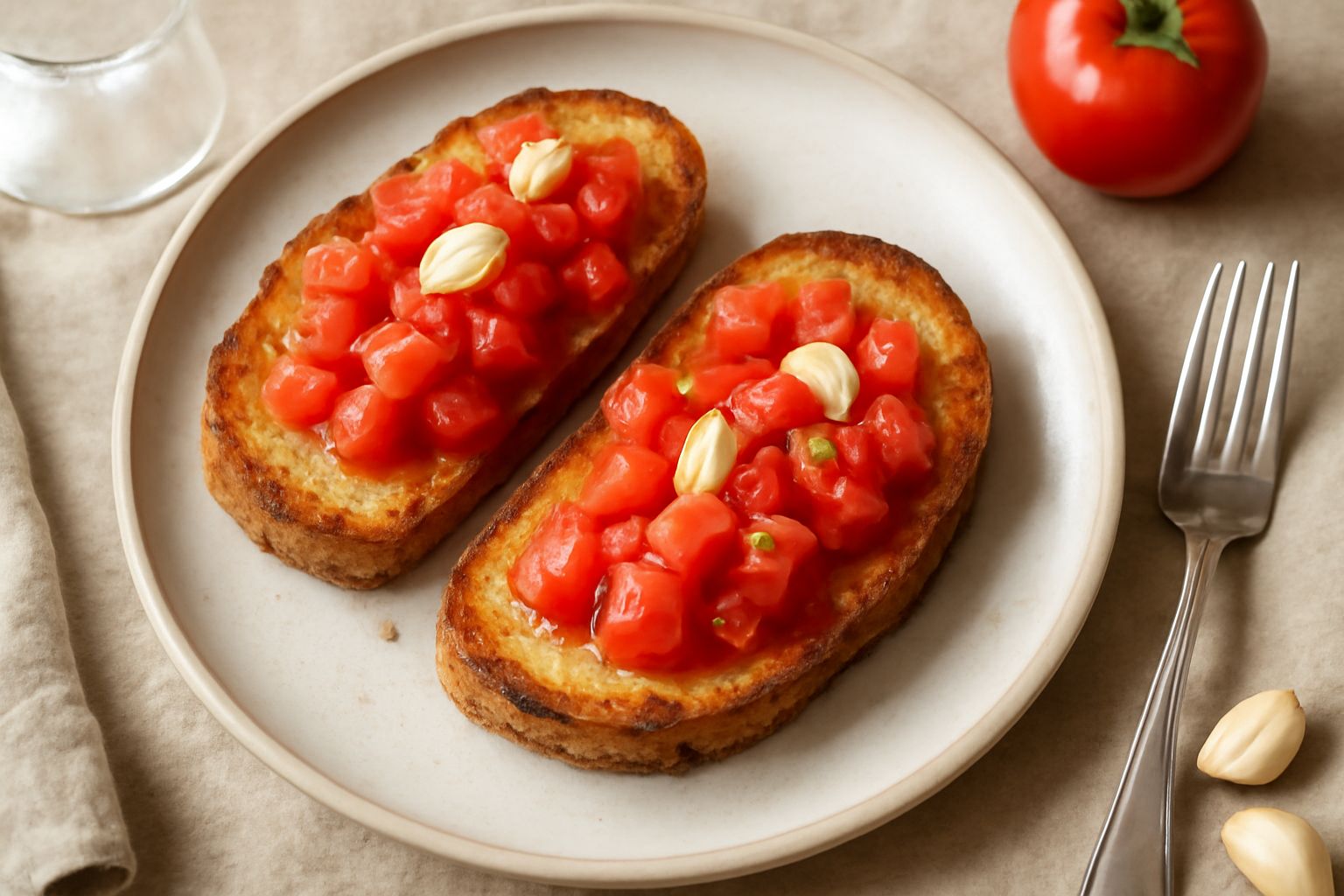 Tre fette di pane tostato su un piatto bianco, condite con pomodoro rosso tagliato, aglio affettato sottilmente, olio giallo-verde e basilico verde fresco