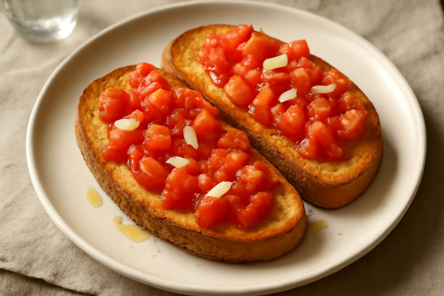 Fette di pane tostato dorate e croccanti condite con pomodoro rosso brillante, aglio affettato sottile e gocce di olio extravergine, su un piatto bianco
