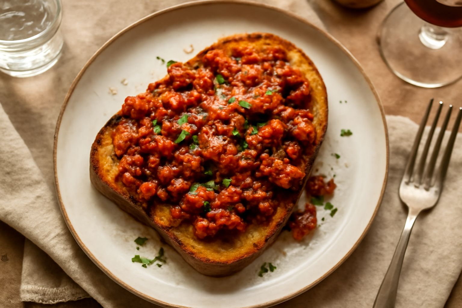 Fette di pane tostato dorate coperte da ragù di salame rosso scuro, guarnite con una leggera spolverata di parmigiano grattugiato, disposte su un piatto bianco