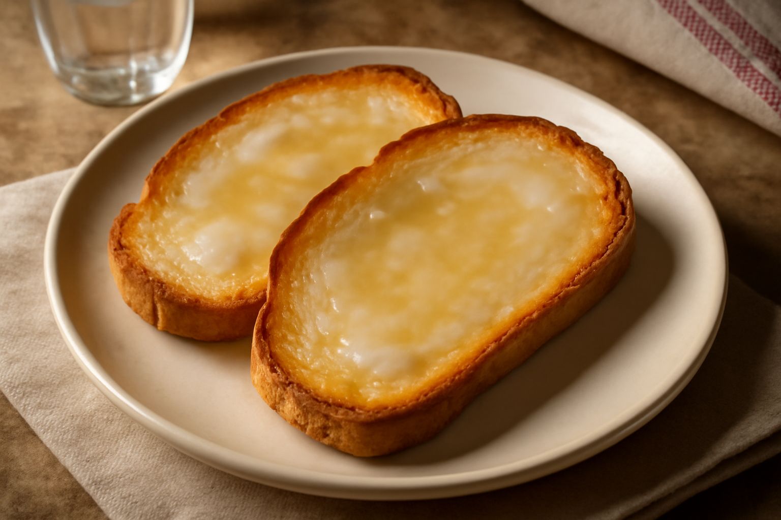 Fette di pane tostato color nocciola disposte su un piatto bianco, spalmate di strutto giallognolo con gocce ancora calde, bordi croccanti e leggermente arricciati