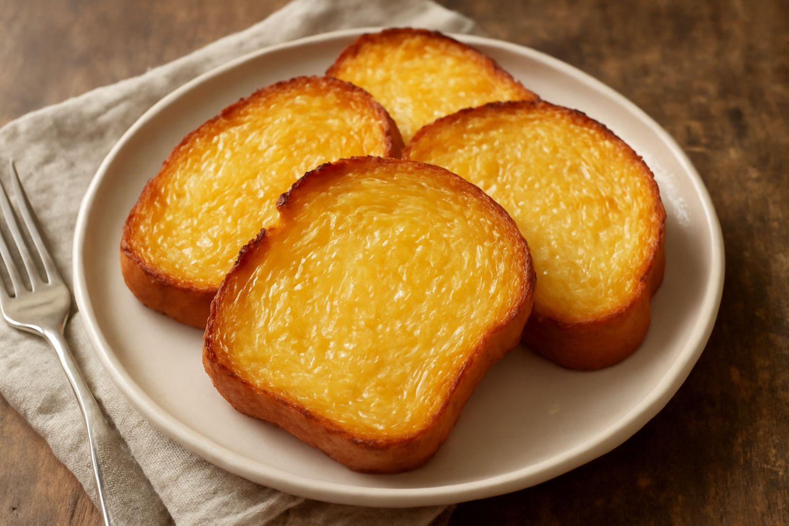 Fette di pane tostato color oro dorato, condite con sugna bianca, sparse su piatto di ceramica bianca, con grani di sale grosso visibili sulla superficie